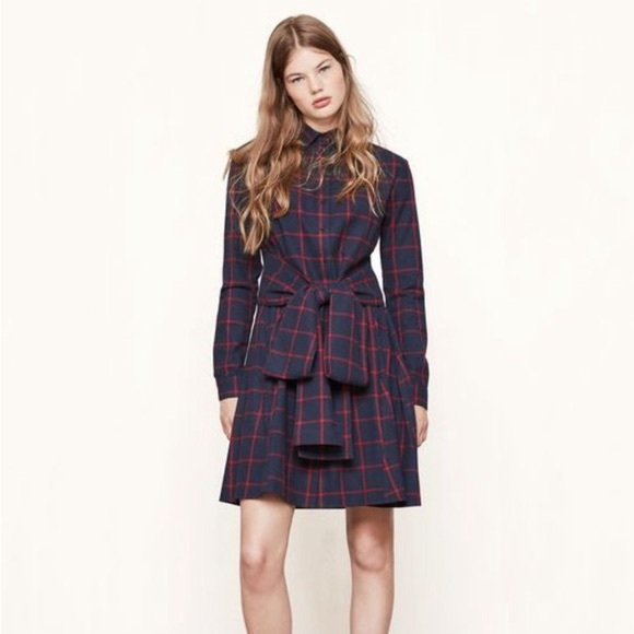 Maje Dresses & Skirts - Maje Checked Flannel Shirt Dress in Navy Blue/Red Print Cotton Long Sleeve